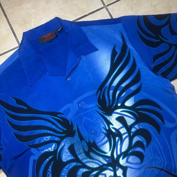 Vintage Dragonfly DF Clothing Blue Button Down Shirt Mens Large Y2K Tribal - Picture 2 of 6